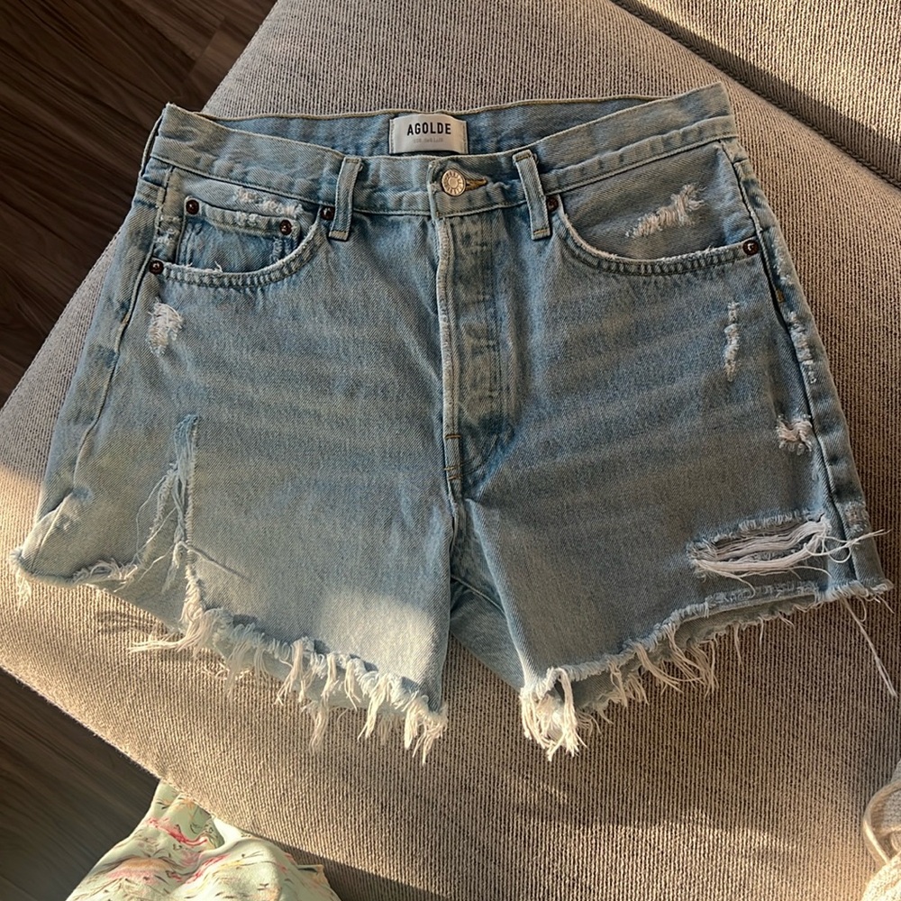 Agolde Blue Distressed Jean Shorts Relaxed Fit